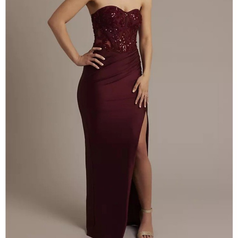 David's Bridal Red Embellished Strapless Gown